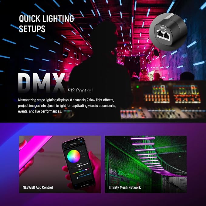 NEEWER TL60 RGB Tube Light, 20W Full Color RGBWW LED Video Lighting Wand Stick for Studio Photography Recording Streaming, APP/2.4G/DMX Control, 7 Pixel Effects 18 Scenes, 2500-10000K CRI97+ TLCI98+ | App/2.4G/DMX Control, 7 Pixel Effects, 2500K-10000K... - Image 7