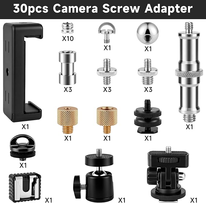 30Pack Camera Tripod Screw Mount Kit, 1/4" & 3/8" Camera Screw Adapter | with Ball Head, Cold Shoe Mount, Phone Clamp, Flash Hot Shoe Adapter for Camera, Tripod, Ring Light, Mic & LED Video Light - Image 3