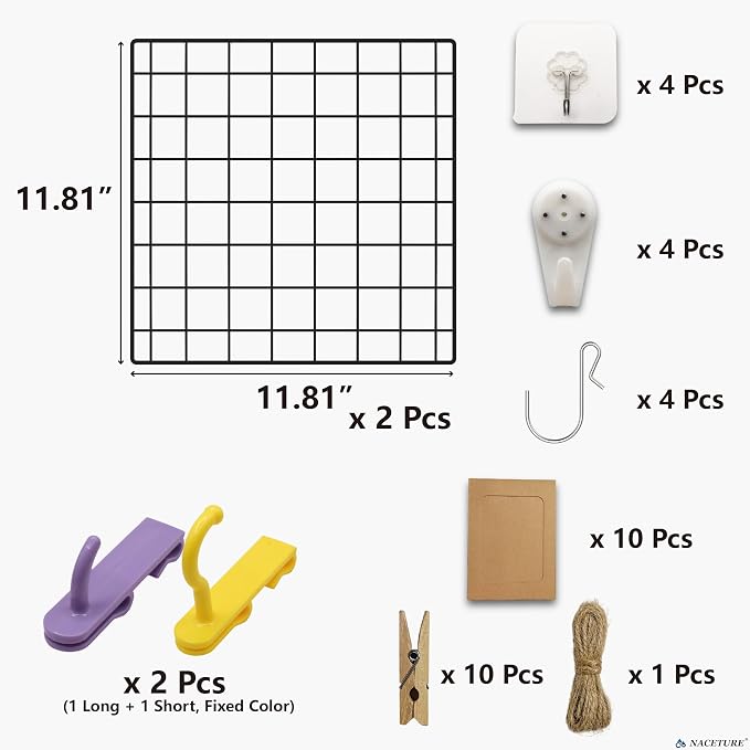 NACETURE Heavy Duty Grid Wall Panels, 12 x 12 Inch, Black, 2 Pack | Double-wire reinforced design supports up to 30 lbs and includes hooks and accessories for versatile wall displays. - Image 3