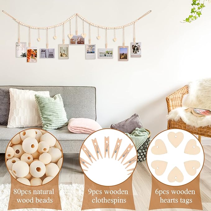 KLOGTSIND Hanging Photo Display with Clips, Wood Bead String Photo Banner | 9 Wooden Clips, Boho Picture Frames Collage Wall Decor, Photo Hanger for Bedroom, Office, Dorm Decor - Image 3