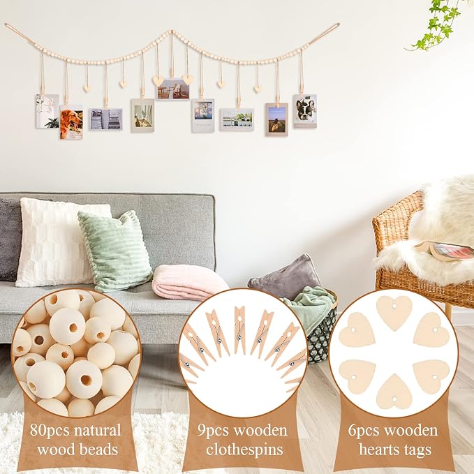 KLOGTSIND Hanging Photo Display with Clips, Wood Bead String Photo Banner | 9 Wooden Clips, Boho Picture Frames Collage Wall Decor, Photo Hanger for Bedroom, Office, Dorm Decor - Image 3
