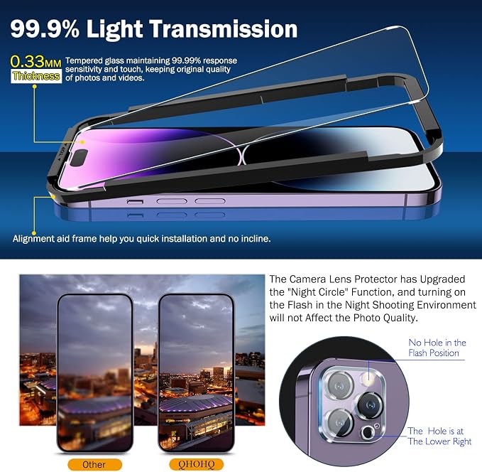 QHOHQ 3 Pack Screen Protector for iPhone 14 Pro Max 6.7 Inch with 3 Pack Tempered Glass Camera Lens Protector, Ultra HD, 9H Hardness, Scratch Resistant, Case Friendly - Image 2