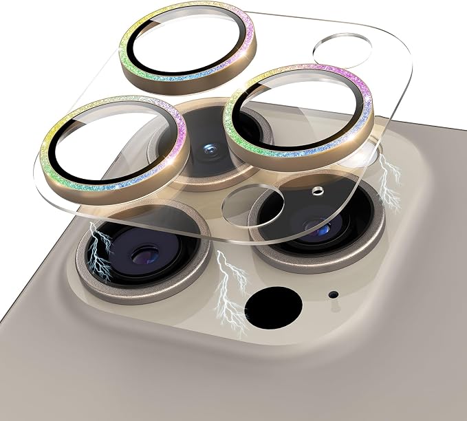 Compatible for iPhone 15 Pro/iPhone 15 Pro Max Glitter Camera Lens Protector, Clear Acrylic Plus Aluminium Alloy Ring 9H Tempered Glass Screen Camera Cover, Gold+Colorful by KANOSAN