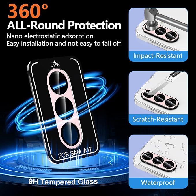 for Samsung Galaxy A17 Camera Lens Protector, Individual Metal Ring Tempered Glass Lens Cover, [Strong Adsorption] Scratch Resistant Ultra-Thin HD Clear Lens Cover, 1 Set-Pink - Image 2
