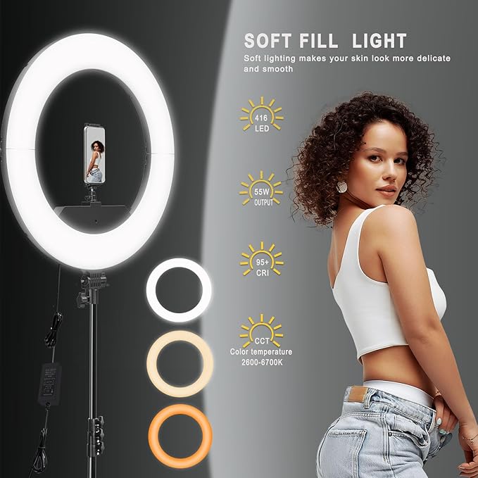 Ring Light 18 INCH Kit,55W6700k Dimmable LED Light, Tripod Stand, Remote Controller,Box for Camera,Smartphone,YouTube,TikTok,Self-Portrait Shooting,CRI95 (Black) - Image 2