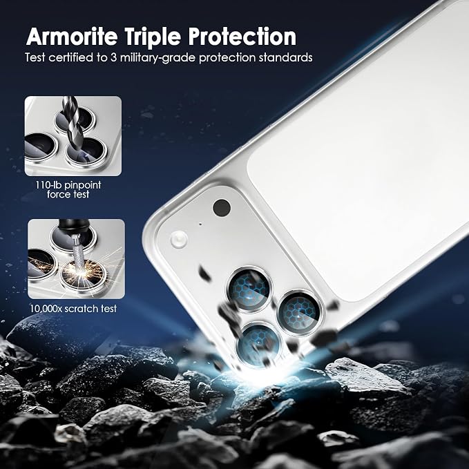 Camera Lens Protector for iPhone 17 Pro & 17 Pro Max, Silver | AR+AF, 9H Tempered Glass, Individual Metal Ring, Anti Glare, Fall Protection, Camera Screen Cover - Image 3