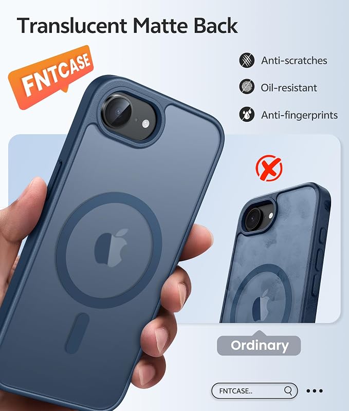 FNTCASE for iPhone 17e/ iPhone 16e Case, Fit for Magsafe, Screen Protector | Translucent Matte Magnetic Back, 14FT Military Grade Drop Protection, Shockproof Protective Phone Cover, Blue - Image 6