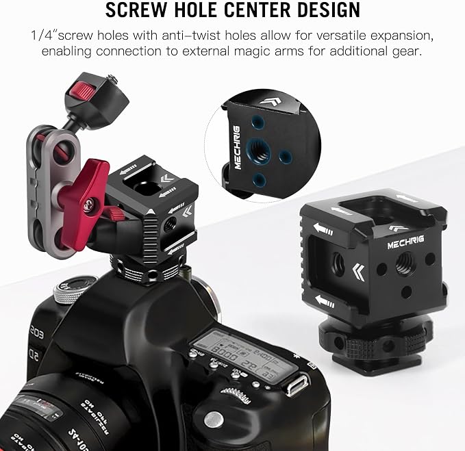 Triple Cold Shoe Mount with 1/4" Thread, Aluminum Camera Hot Shoe Extension Bracket with 3 Port Cold Shoe Mounts for LED Video Light Monitor Microphone Camera Cage (62011) - Image 5