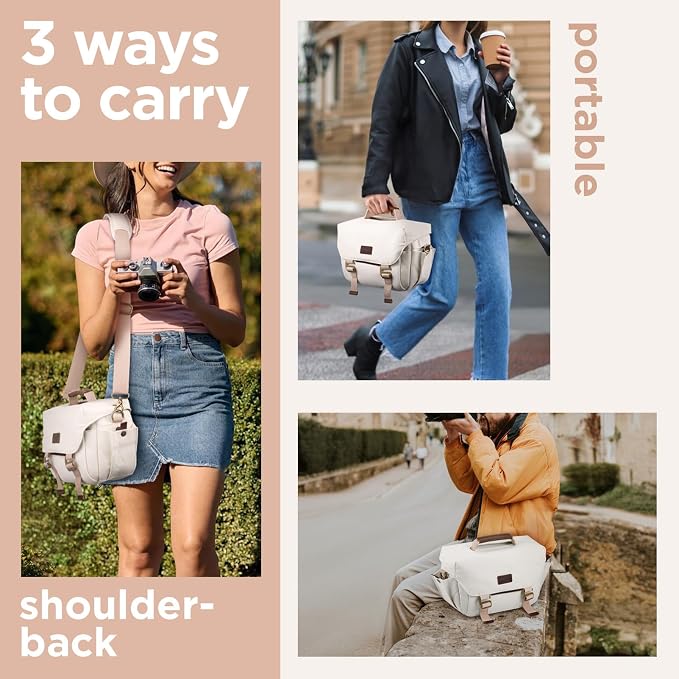 SMRITI Canvas Camera Bag Small- DSLR/SLR Waterproof Camera Bag for Canon/Sony/Nikon/Fuji, Cute Camera Sling Bag with Rain Cover, Travel Crossbody Camera Case Bag for Women Men Photographer (White) - Image 6