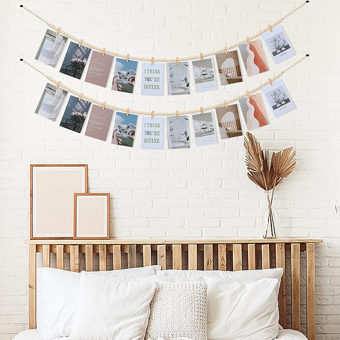 KLOGTSIND Hanging Photo Display with Clips, 3PCS Wood Bead Garland Banner | Photo String Banner with 10 Clips for Bedroom Room Dorm Cubicle, Picture Cards Artwork Display, Christmas Teen Girls Gifts - Image 5
