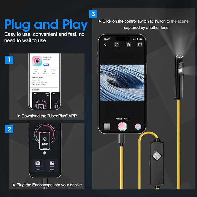 Endoscope with Light, 1920P HD Borescope with 8 Adjustable LED Lights, Semi-Rigid Snake Camera, IP67 Waterproof Inspection Tool (16.4ft, Yellow Harness + Dual Lens) - Image 7