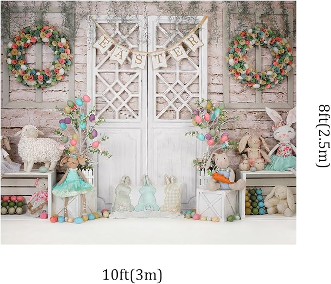 Kate 10x8ft Happy Easter Photography Backdrops Colorful Eggs | Cute Rabbit Toy Photographic Background Retro Wall White Door Baby Shower Newborn Shooting Backdrop - Image 2