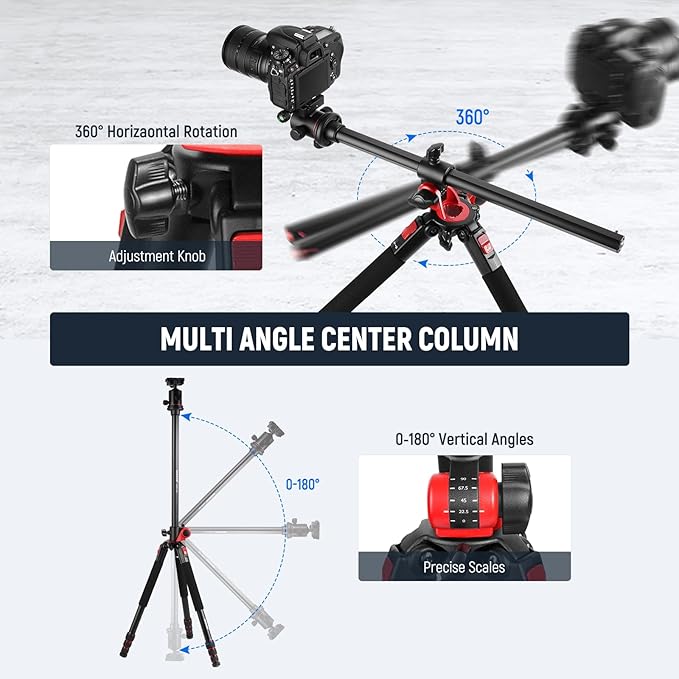 NEEWER 72 inch Camera Tripod Monopod with Center Column and Ball Head Aluminum, Arca Type QR Plate, Bag, Horizontal Tripod Overhead Camera Mount for DSLR Camera, Video Camcorder, Max Load: 33lb | Aluminum, Arca Type QR Plate, Bag, Horizontal Tripod, Ov... - Image 2