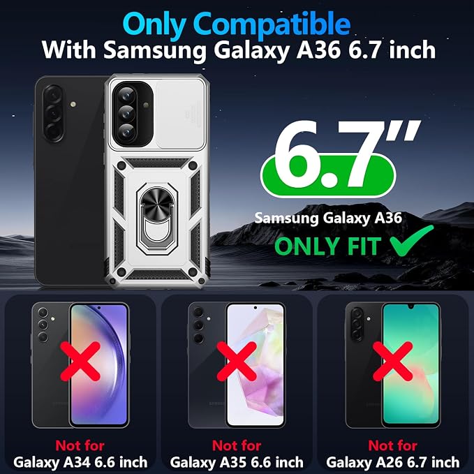 Taisairu for Samsung Galaxy A37 Case/A36 Case with Screen Protector & Slide Camera Lens Cover, Built-in Ring Stand Shockproof Protective Case for Samsung A37 5G Case/Samsung A36 5G Case (Silver) - Image 9
