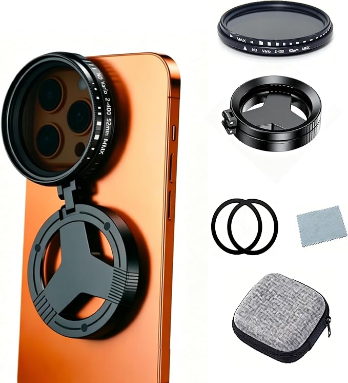 Magnetic 52mm Variable ND Filter for iPhone 17-13, ND2-400 Lens Filter | 52mm Neutral Density Lens, Adjustable Filter and Stand, Glass Optics, Quick Mount, Compatible with iPhone 17/16/15/14/13 by AWAKINK