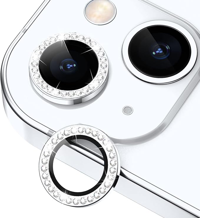 for iPhone 14/14 Plus Camera Lens Protector Bling Diamond, Silver | Individual Metal, 9H Hardness, Scratch Resistant, Shockproof, Drop Protection, Case Friendly, Stylish Accessories by Xfilm