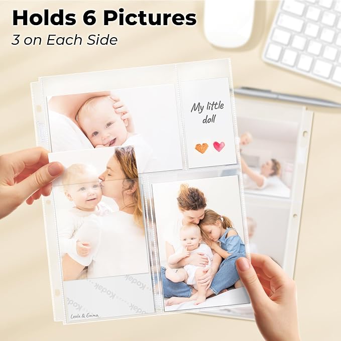 Dunwell Photo Sleeves for 3-Ring Binder, (4x6 Mixed Format, 25 Pack) for 150 Pictures, Each Photo Page Sheet Holds Six 4 x 6 Pictures or Postcards, Acid-Free Poly 4x6 Album Refill Pages - Image 3