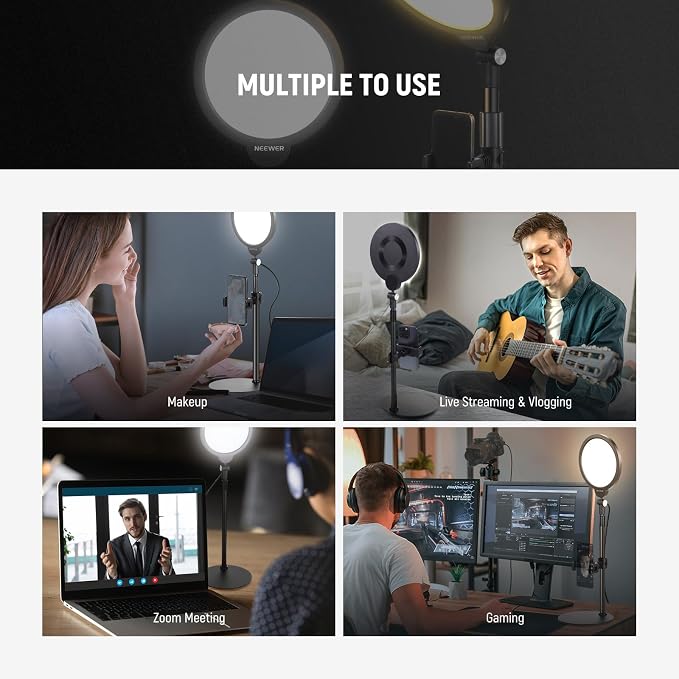 NEEWER Basics 2 Pack 7" Desktop Ring Lights for Video Recording, 10W Dimmable Full Screen Key Lighting with Desk Stands & Phone Holders for iPhone Computer Laptop Vlog Streaming Video Conference, R06 - Image 2