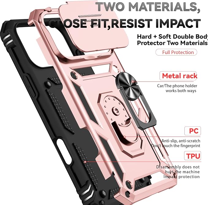 SunStory Phone Case for iPhone 17 Pro Max with HD Screen Protector & Slide Camera Cover & Rotated Ring Kickstand, [Military-Grade] Phone Case for iPhone 17 Pro Max, Rose Gold - Image 8