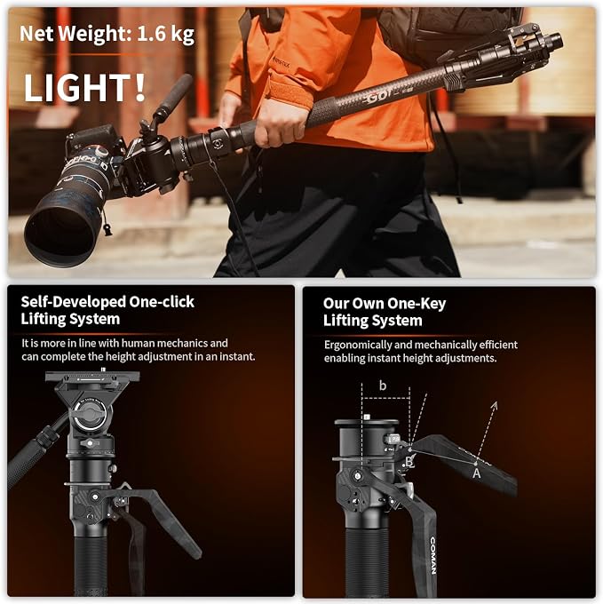 One-Click Lifting Carbon Fiber Monopod, 69‘’ Camera Monopod with Feet, Lightweight Travel Tripod with Quick Release Plate for Camera, DSLR, Camcorder, Max Load 22lbs/10kg (M1ProV5) - Image 2
