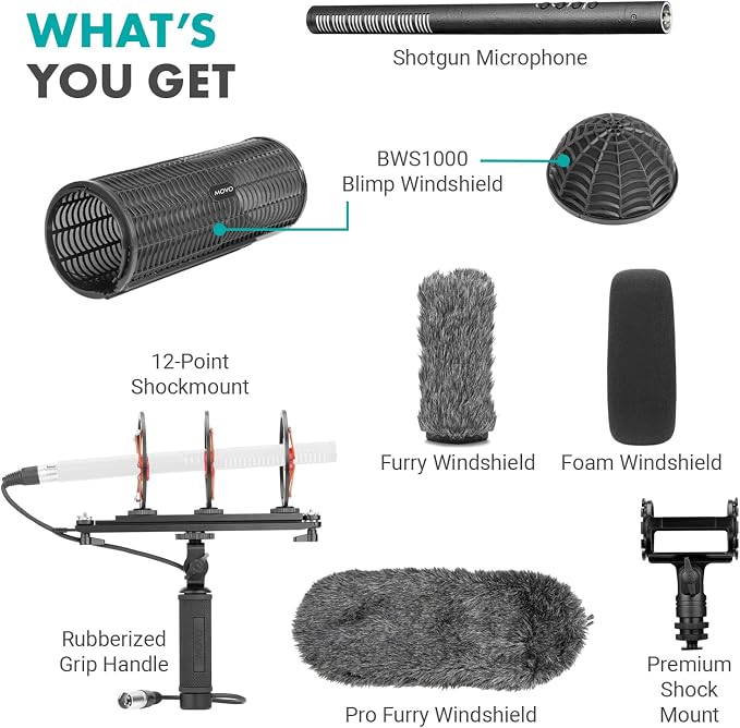 Movo Shotgun Blimp Microphone Bundle - Powerful XLR Microphone for Camera - Video Mic for DSLR Camera Accessories - Shotgun Mic Grip for Boom Mic - Blimp with XLR Cables - Pro Video Equipment - Image 7