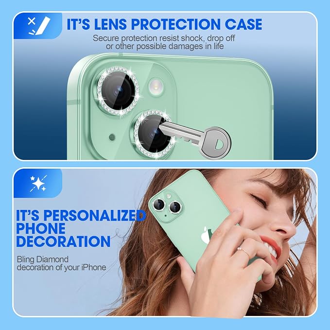 for iPhone 15/15 Plus Camera Lens Protector Bling Diamond, Green | Individual Metal, 9H Hardness, Scratch Resistant, Shockproof, Drop Protection, Case Friendly, Stylish Accessories - Image 3