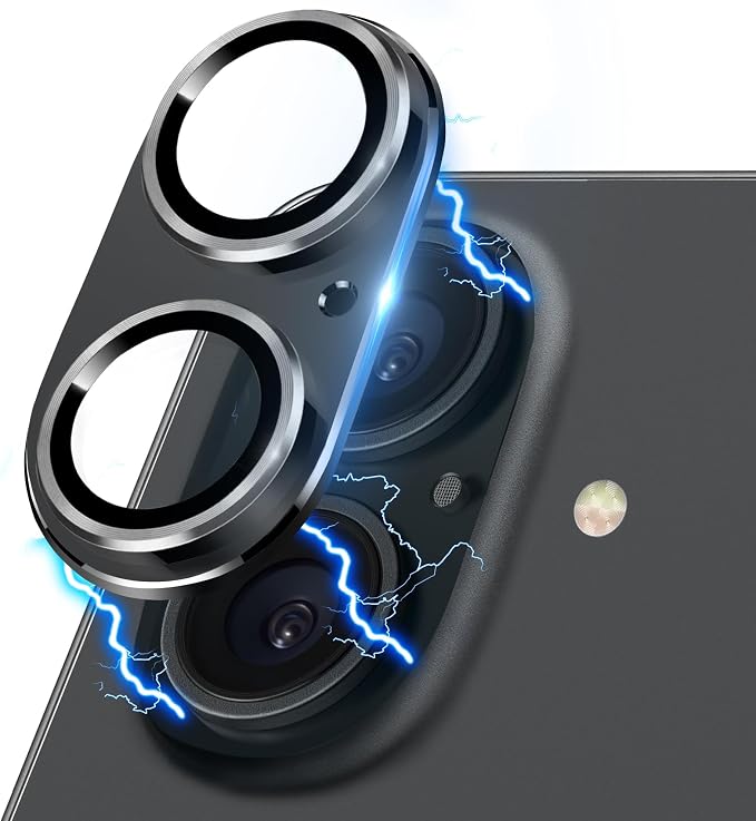 Compatible with iPhone 16 and 16 Plus Camera Lens Protector, Anti-Scratch Tempered Glass Metal Camera Screen Protector Shockproof Full Protective Lens Cover, Black by Hsefo