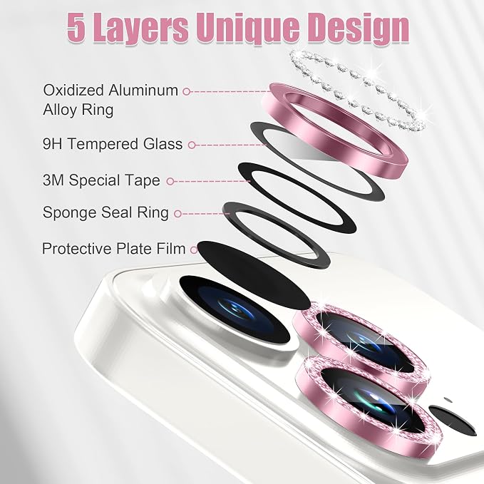 AGVEE 3+3 6 Pack for iPhone 15 Pro & Max Camera Lens Protector Cover | Individual Bling Diamond & Bling Glitter Sparkle Cute Gem Metal Ring, 9H Tempered HD Glass - Image 7
