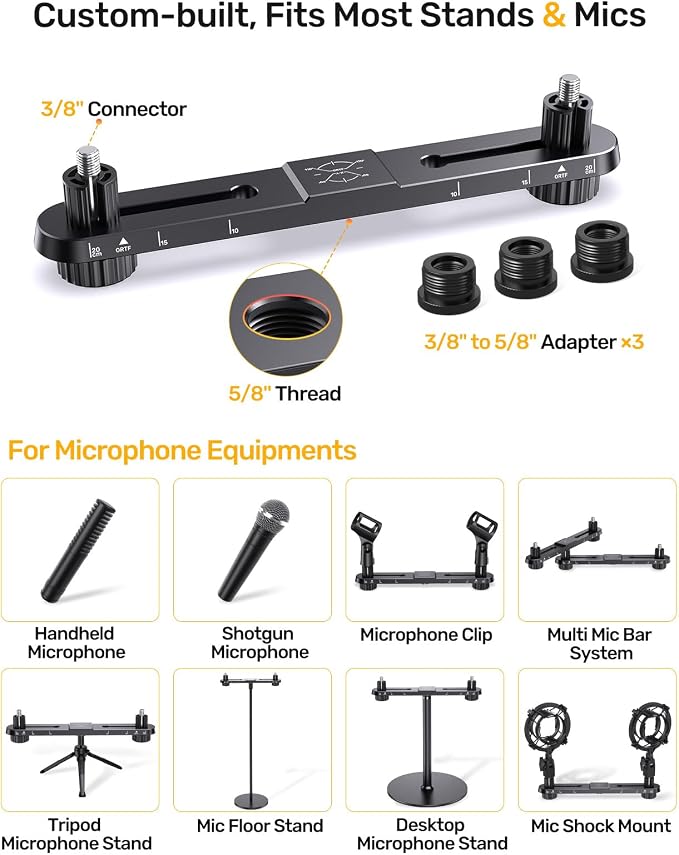 Stereo Mic Bar, Adjustable Dual Microphone Mount Bar,Universal Double Mic Holder for Stand,Precision Stereo Spacing Mic Bar for Podcast,Live Streaming,Studio Recording,Fit 3/8"&5/8" Threaded Mic Stand - Image 5