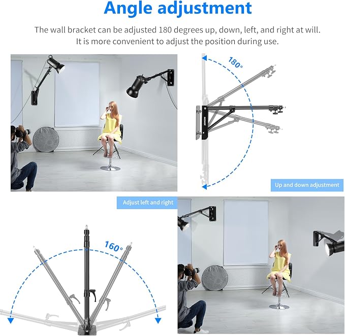 Neewer Wall Mounting Boom Arm with Triangle Base for Photography Studio Video Strobe Light Monolight Softbox Umbrella Reflector, 180 Degree Rotation, Max Length 66.5 inches/169centimeters (Black) - Image 4