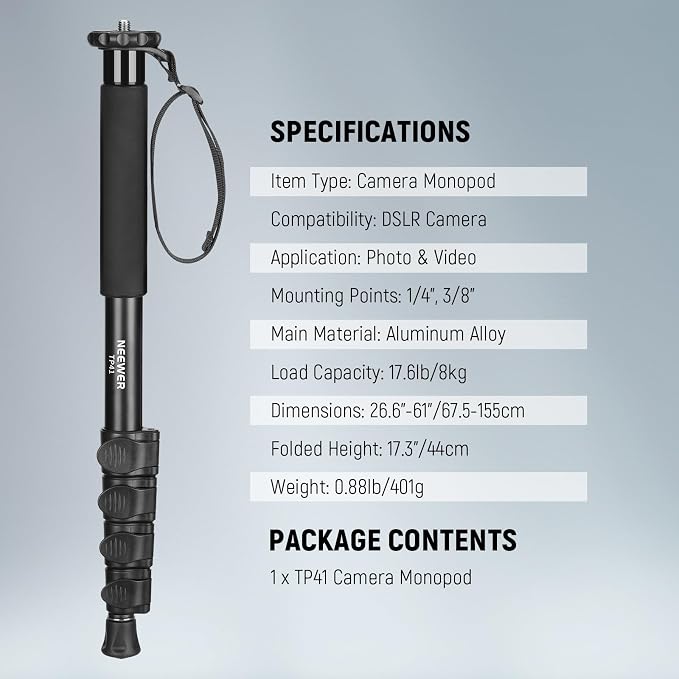 NEEWER 61"/155cm Camera Monopod Stand, Aluminum Alloy, Portable, TP41 | Travel Video Monopod Pole, 1/4" 3/8" Screw Adapter, Professional DSLR Camcorder Photography Accessories, Max Load 17.6lb - Image 7