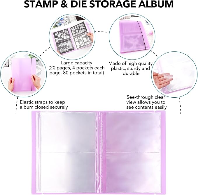 2 Pack Large Sticker Photo Storage Album, Stamp & Cutting Dies Storage Book Organizer Folder for Cards Storage DIY Scrapbooking Card Making Supplies 20 Pages 80 Pockets/Pack (Clear + Purple) - Image 6