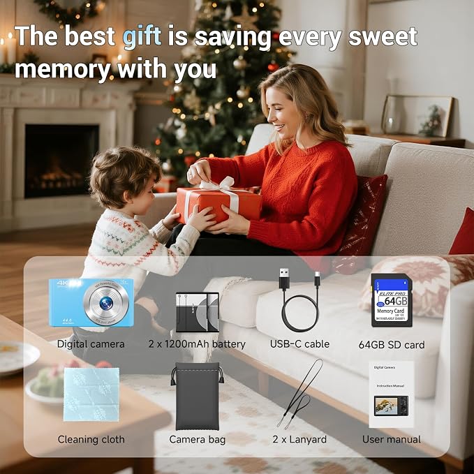 SMARTKLIK Digital Camera for Teens, FHD 4K 44MP with 64GB SD Card, 16X Digital Zoom, Compact Point Shoot Camera Blue - Image 6