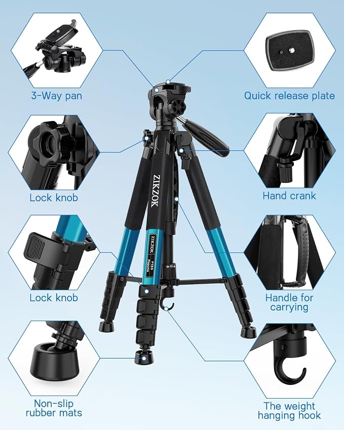 75" Heavy Duty Camera Tripod Stand - Max Load 15LB, Aluminum Travel Tripod for DSLR/Phone/Tablet/Projector, 3-Way Pan Head & Quick Release Plate, Compact Foldable Design (Blue) - Image 8