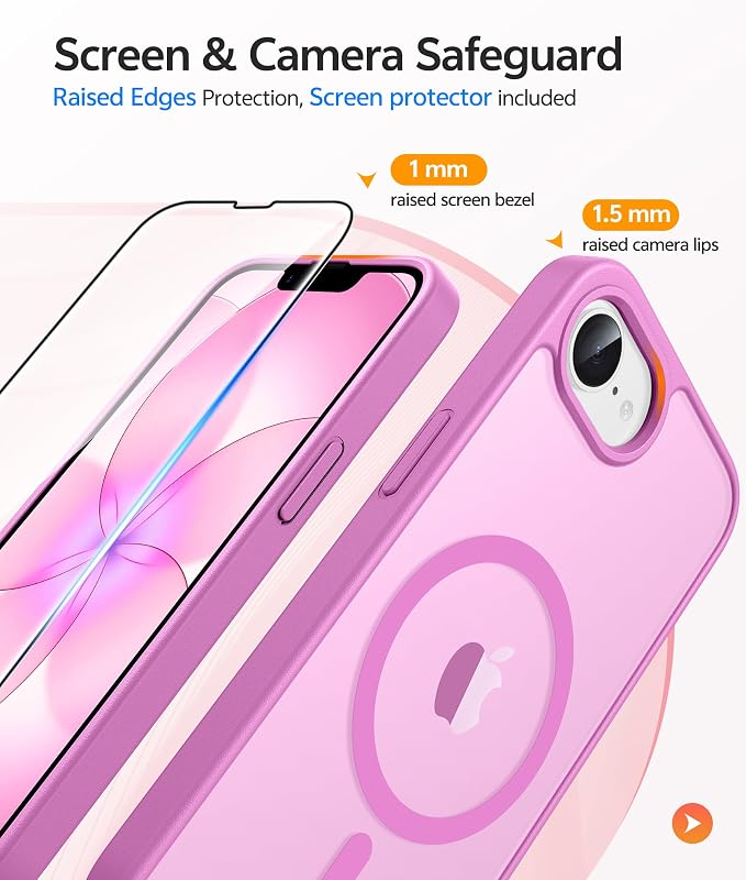 FNTCASE for iPhone 17e/ iPhone 16e Case, Fit for Magsafe, Screen Protector | Translucent Matte Magnetic Back, 14FT Military Grade Drop Protection, Shockproof Protective Phone Cover, Pink - Image 4