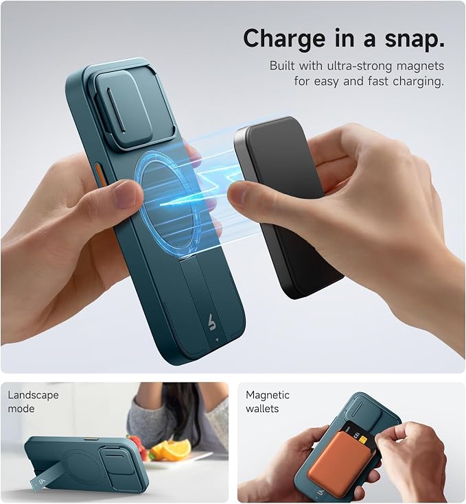 SURITCH for iPhone 15 Pro Case with Magnetic Camera Slide Cover and Adjustable Kickstand, Compatible with MagSafe, Shockproof Bumper Case Slim Protective Cover 6.1 Inch, Lake Green - Image 3