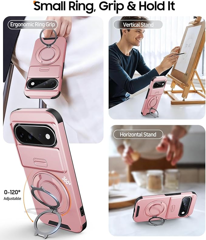 JAME for Google Pixel 10 Pro XL/11 Pro XL Case, Stand & Slide Camera Cover | Ring Holder Kickstand, Screen Protectors, Dual-Layer Shockproof Protective, Magnetic Accessory Friendly Phone Case, Pink - Image 3