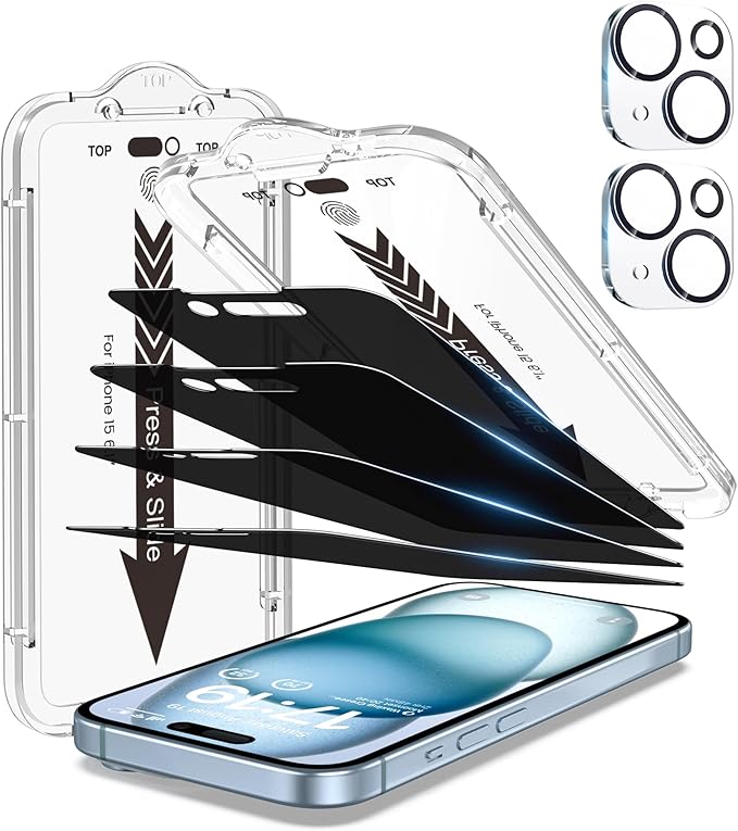 EZ-GLAZ-4+2 Pack for iPhone 15 Privacy Screen Protector (6.1") | 2-Pack Lens Protectors, Alignment Kit, Easy Installation, 9H+ Tempered Glass, Scratch Resistant, 28° Privacy Protection by EZ-GLAZ