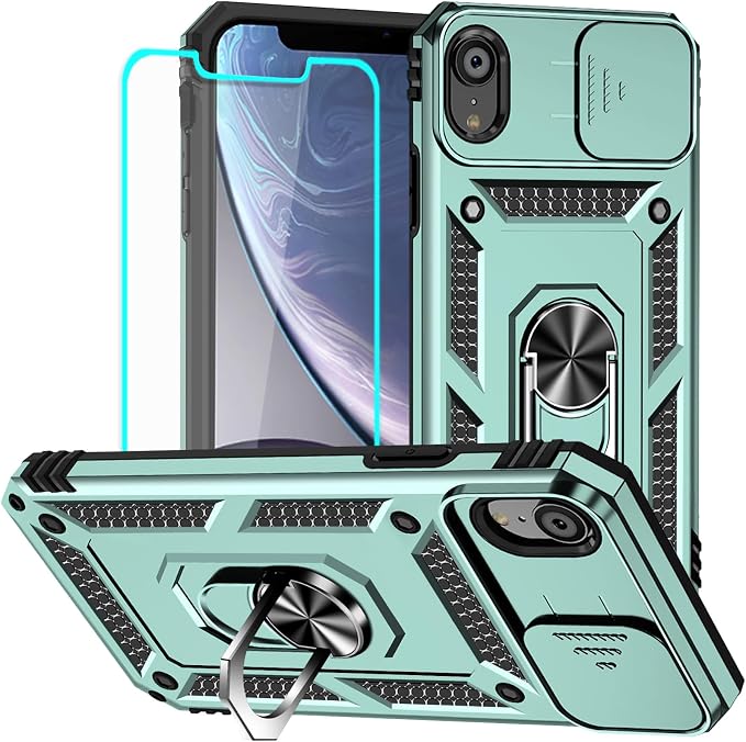 HNHYGETE for iPhone XR Phone Case with HD Screen Protector: [Military Grade 20ft. Drop Tested] Slide Camera Cover Ring Shockproof Protective Phone Case for - iPhone XR (Dark Green) by HNHYGETE