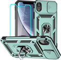 HNHYGETE for iPhone XR Phone Case with HD Screen Protector: [Military Grade 20ft. Drop Tested] Slide Camera Cover Ring Shockproof Protective Phone Case for - iPhone XR (Dark Green) by HNHYGETE
