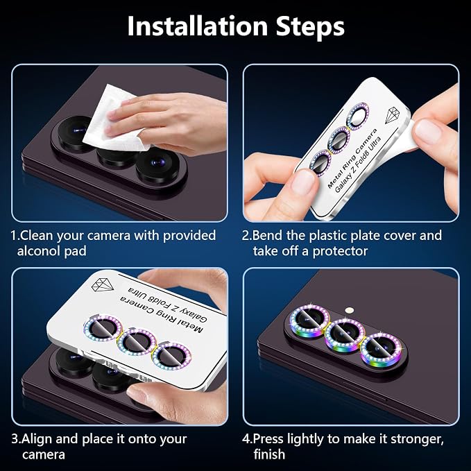 for Samsung Galaxy Z Fold 8 Ultra Camera Lens Protector, Individual Metal Ring Tempered Glass Lens Cover, [Strong Adsorption] Scratch Resistant Ultra-Thin HD Clear Lens Cover, 1 Set-Colorful Diamond - Image 7
