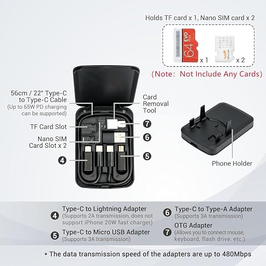 Kiorafoto Cable Card with 22" Type-C Cable & 4 Type Adapter Kit for Travel | Data Cable Storage Box,USB-C Cable/USB-A/Micro-USB/Light/OTG USB Adapter Convertor Kit,for Phone Pad PC Device Data Transfer - Image 2