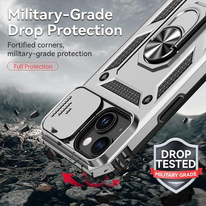 HNHYGETE for iPhone 15 Case with HD Screen Protector: [Military Grade 20ft. Drop Tested] Ring Shockproof Protective Phone Case for - iPhone 15 Silver - Image 3