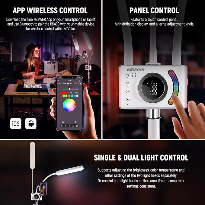 NEEWER RGB Esthetician Light Kit Upgraded with Phone APP Control/Touch Bar, Separate Control Dual Arm LED Video Light w Phone Holder/Stand/Travel Bag, 2500K-10000K 18 Scenes for Tattoo Lash, BH40C - Image 6