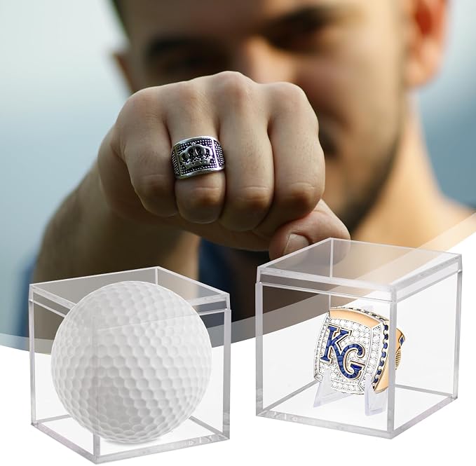 2 Pack Championship Ring Display Case, Clear Acrylic Memorabilia Stand Cube Ring Holder Dust Protection Transparent Storage Box for Sports Baseball Basketball Fan Souvenir Protection Supplies - Image 9