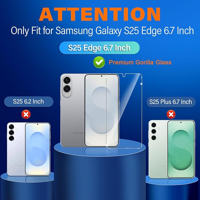 firtstnow 3 Pack for Samsung Galaxy S25 Edge Screen Protector Tempered Glass + 3 Pack Camera Lens Protector, Military Grade Shatterproof, 9H Hardness, Fingerprint Unlock, Case Friendly 6.7 Inch - Image 2