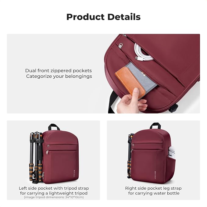 K&F CONCEPT Camera Backpack, DSLR/SLR/Mirrorless Photography Camera Bag | 14in Laptop Compartment & Rain Cover, 600D Fabric for Travel & Daily, Men & Women, Dual-Mode Detachable Dividers, Red, B19 - Image 2