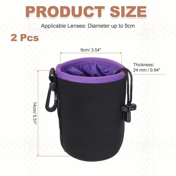 PATIKIL 2 Pcs Camera Lens Pouch, 4" ID x 6" H Drawstring Orange Interior Lens Pouch Protective Camera Lens Case Bag Soft Plush Neoprene Bag for DSLR Photography Gear, Black/Purple - Image 2