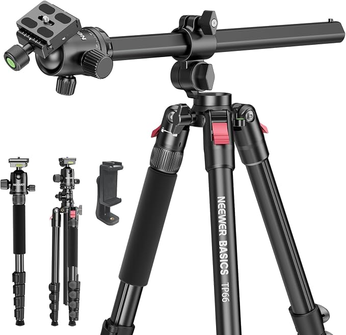 NEEWER Basics 64.5" Horizontal Overhead Tripod with Ball Head/Cell Phone Holder Compatible with iPhone Video Recording, Aluminum Travel Stand Camera Monopod, 360° Pan 180° Tilt 22lb/10kg Load, TP66 by Neewer