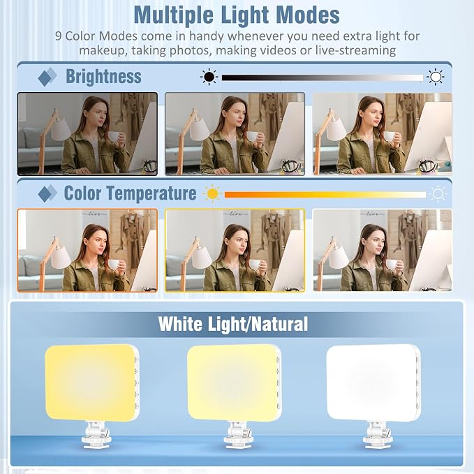 60 LED Portable Selfie Light Video Conference Lighting with Clip & Camera Tripod Adapter Rechargeable 2200mAh CRI 97+, 9 Light Modes for Phone iPhone Webcam Laptop Photo Makeup - Image 3